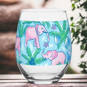 Preppy Pink Elephant Palm Tree Stemless Wine Glass
