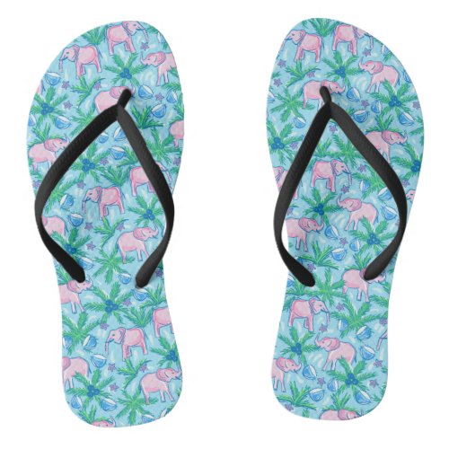 Preppy Pink Elephant Tropical Flip Flops