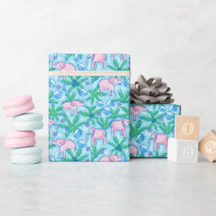 Preppy Pink Elephant Tropical Floral Wrapping Paper
