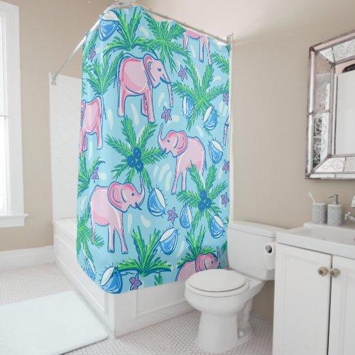 Preppy Pink Elephant Tropical Shower Curtain