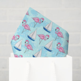 Preppy Pink Flamingo & Blue Sailboat Coastal  Tissue Paper