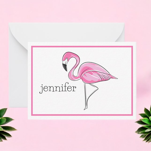 Preppy Pink Flamingo Personalized Note Card (Creator Uploaded)
