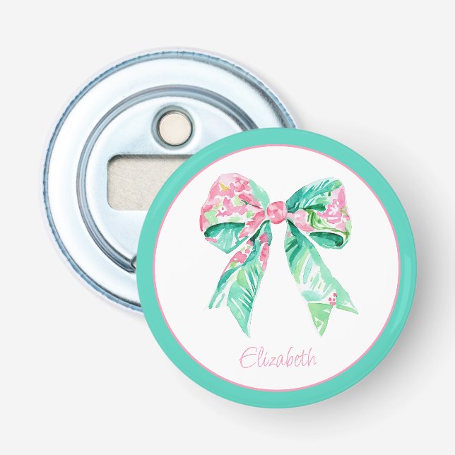 Preppy Pink Floral Bow Personalized Bottle Opener (Front)