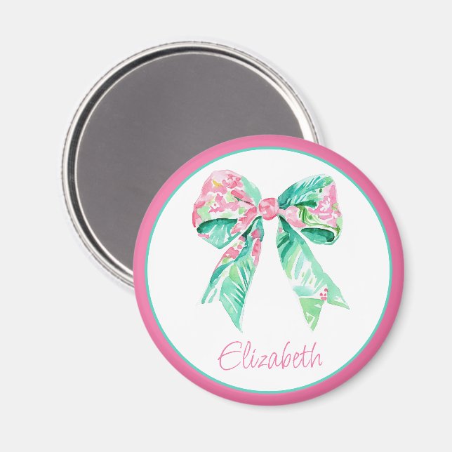 Preppy Pink Floral Bow Personalized Magnet (Front/Back)