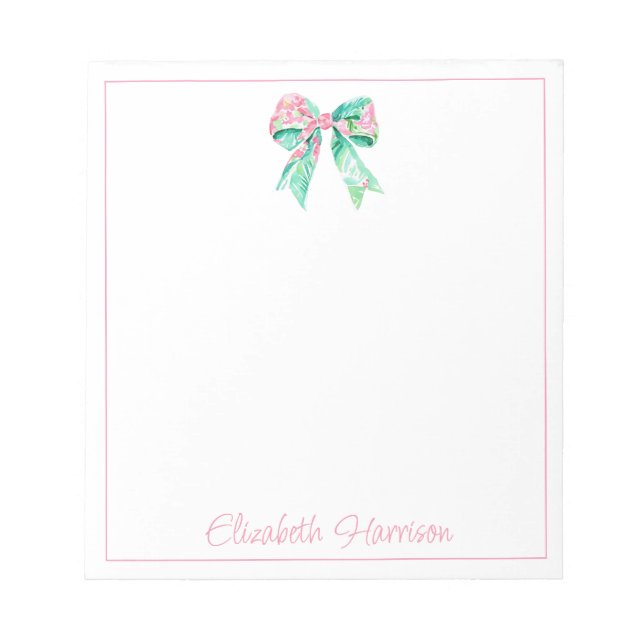 Preppy Pink Floral Bow Personalized Notepad (Front)
