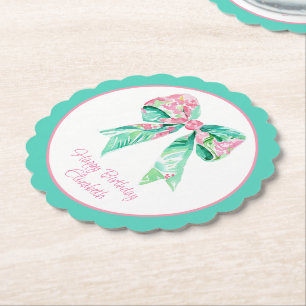 Preppy Pink Floral Bow Personalized Paper Coaster