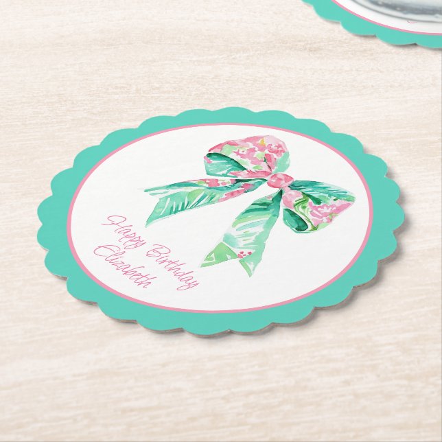 Preppy Pink Floral Bow Personalized Paper Coaster (Angled)