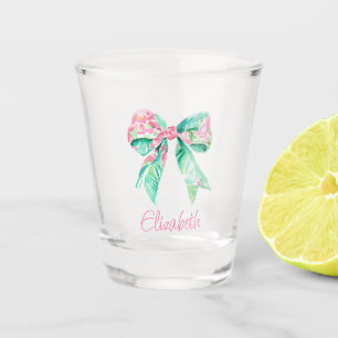 Preppy Pink Floral Bow Personalized Shot Glass