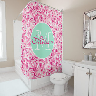 Preppy Pink Floral Watercolor Roses Tropical Shower Curtain