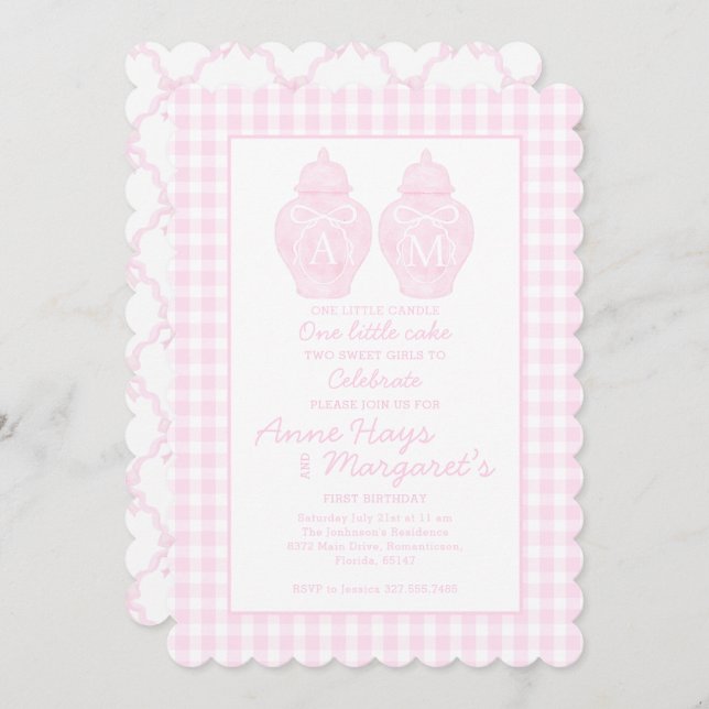 Preppy Pink Ginger Jar Monogram First birthday Invitation (Front/Back)