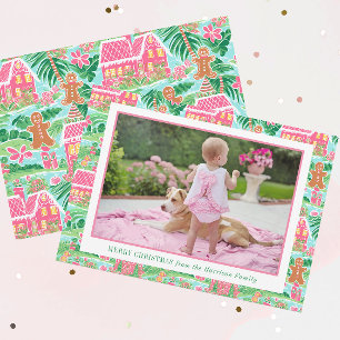 Preppy Pink Gingerbread Village Christmas Photo Holiday Card