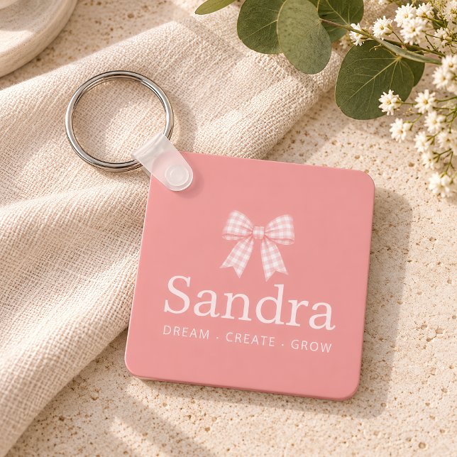 Preppy Pink Gingham Bow Name Quote Keychain (Creator Uploaded)