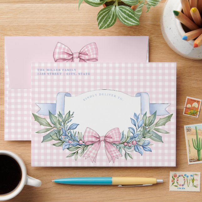 Preppy Pink Gingham Grandmillennial Envelope (Desk)