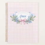 Preppy Pink Gingham Grandmillennial Planner<br><div class="desc">This planner has a Preppy Chinoiserie pink and white gingham pattern and a label design where you can personalize with your name. The back flap has a pink gingham bow with the year.</div>
