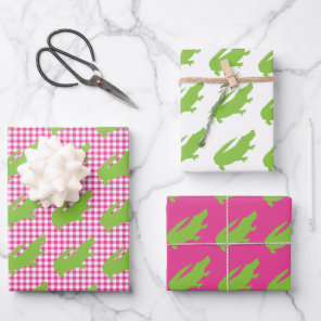 Preppy Pink Gingham Green Alligator Colorful Fun Wrapping Paper Sheets
