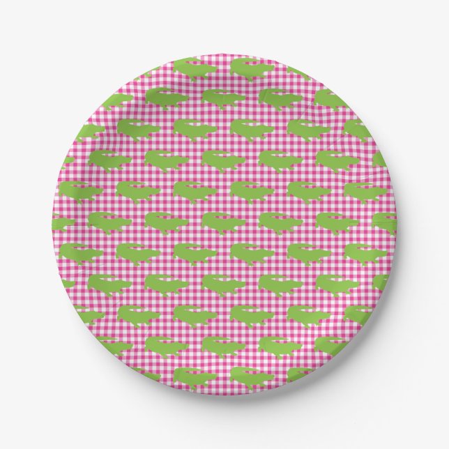 Preppy Pink Gingham Green Alligator Southern Fun Paper Plates (Front)
