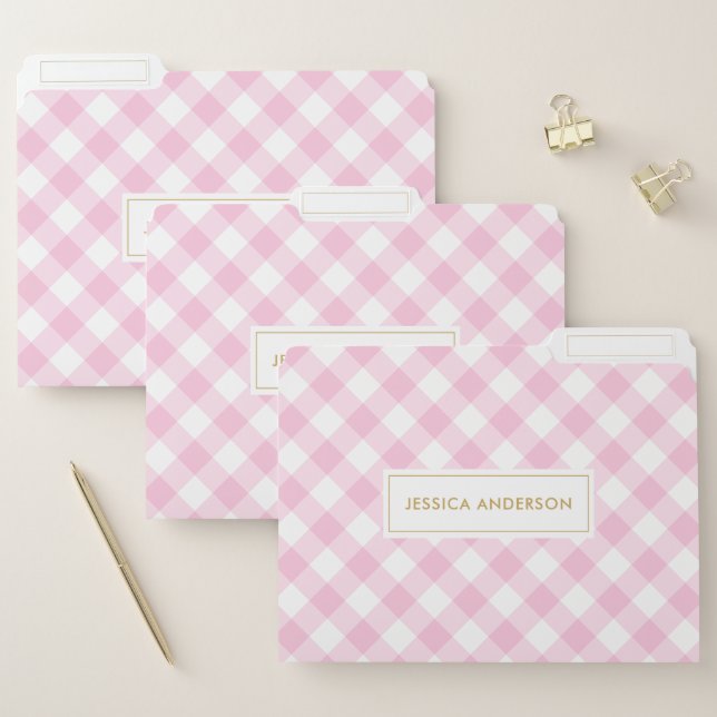 Preppy Pink Gingham Plaid Pattern | Name File Folder (Set)