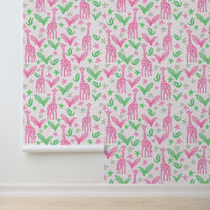 Preppy Pink Giraffes Jungle Flowers Wallpaper