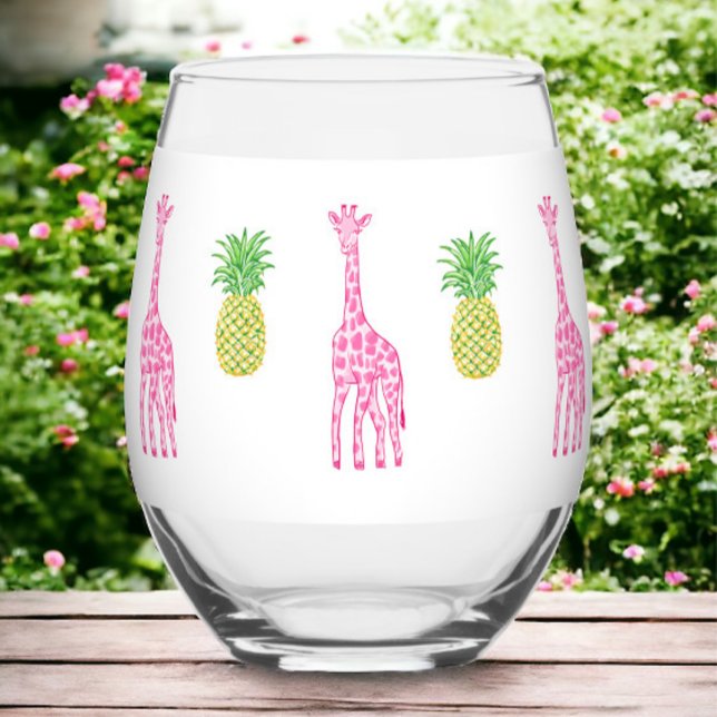 Preppy Pink Giraffes Pineapples Classic  Stemless Wine Glass (Creator Uploaded)
