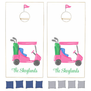 Preppy Pink Golf Cart 18th Hole Flag Personalized Cornhole Set