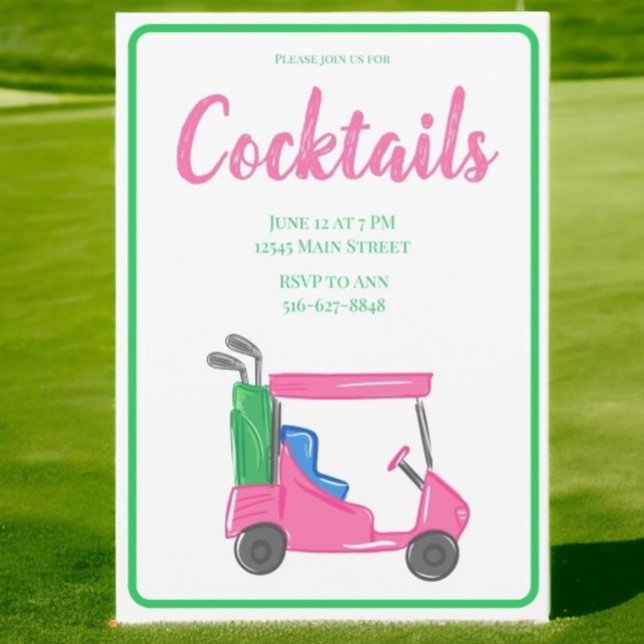 Preppy Pink Golf Cart Cocktail Party Invitation (Creator Uploaded)