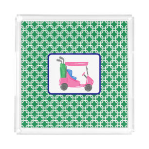 Preppy Pink Golf Cart Green & White Link Pattern Acrylic Tray