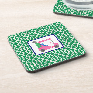 Preppy Pink Golf Cart Green White Link Pattern Beverage Coaster