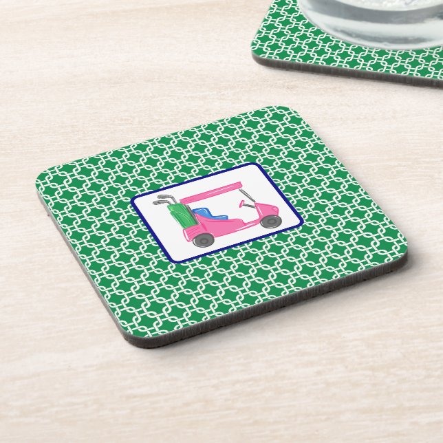 Preppy Pink Golf Cart Green White Link Pattern Beverage Coaster (Left Side)