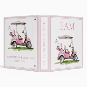 Preppy Pink Golf Cart Monogram 3 Ring Binder