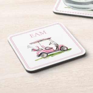 Preppy Pink Golf Cart Monogram Beverage Coaster