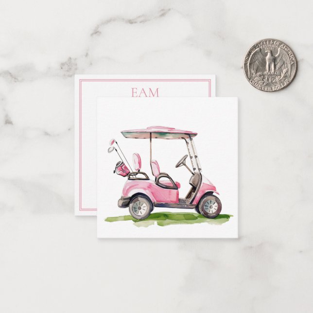 Preppy Pink Golf Cart Monogram Note Card (Front/Back In Situ)