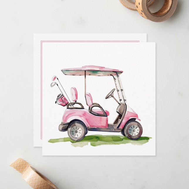 Preppy Pink Golf Cart Monogram Note Card (Front/Back In Situ)