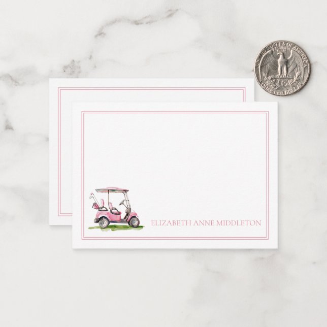 Preppy Pink Golf Cart Monogram Note Card (Front/Back In Situ)