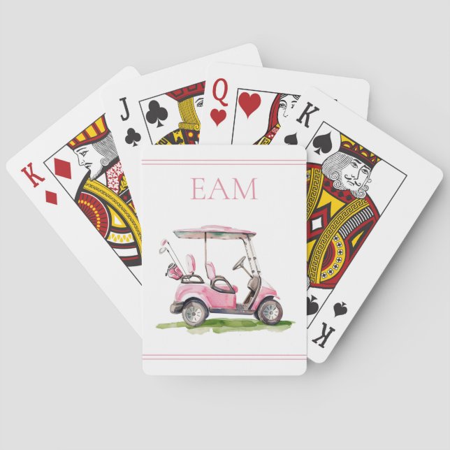 Preppy Pink Golf Cart Monogram Poker Cards (Back)