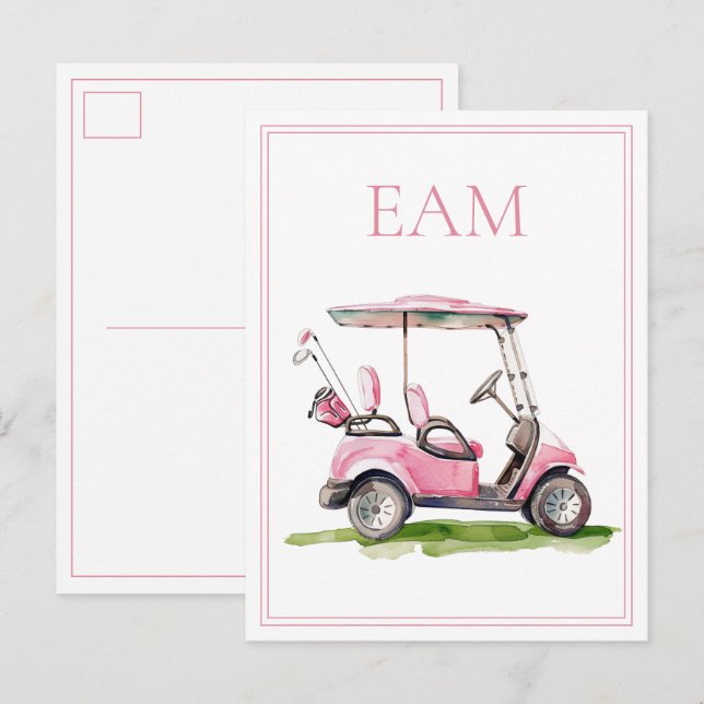 Preppy Pink Golf Cart Monogram Postcard (Front/Back)