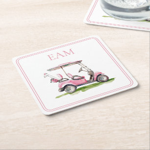 Preppy Pink Golf Cart Monogram Square Paper Coaster