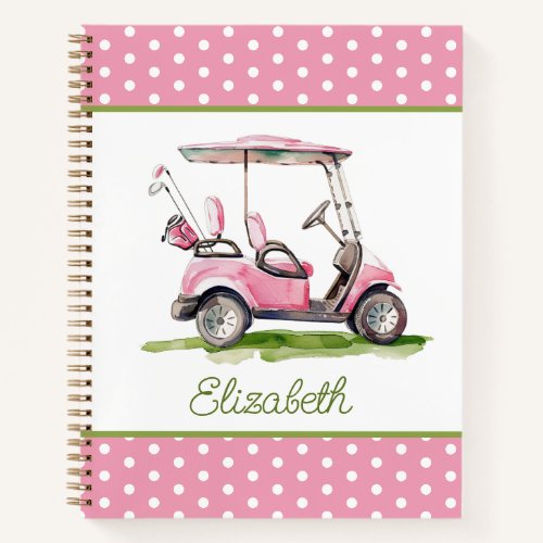 Preppy Pink Golf Cart on Polka Dots Personalized Notebook