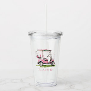Preppy Pink Golf Cart Personalized Acrylic Tumbler