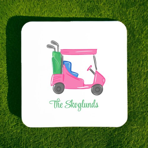 Preppy Pink Golf Cart Personalized Beverage Coaster