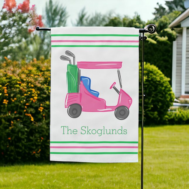 Preppy Pink Golf Cart Personalized Border Garden Flag (Creator Uploaded)