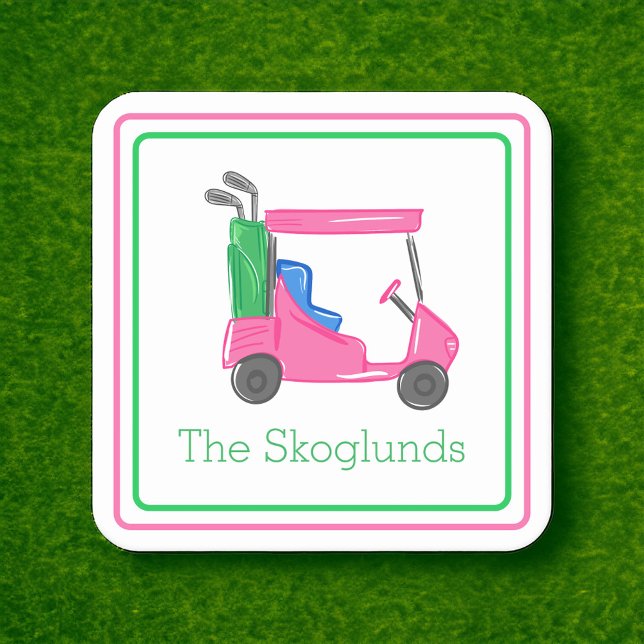 Preppy Pink Golf Cart Personalized Border Gift Note Card (Creator Uploaded)