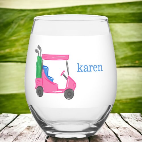 Preppy Pink Golf Cart Personalized  Stemless Wine Glass