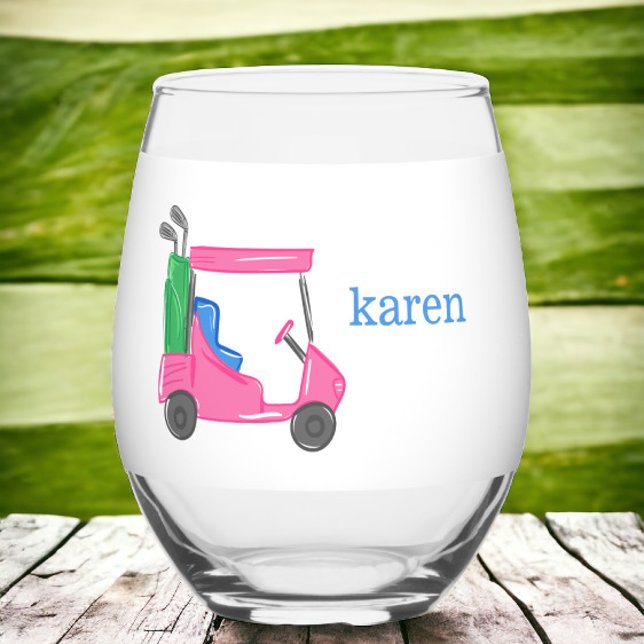 Preppy Pink Golf Cart Personalized  Stemless Wine Glass (Creator Uploaded)