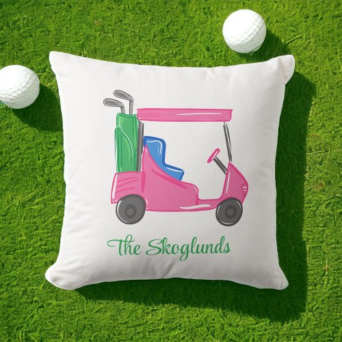 Preppy Pink Golf Cart Personalized Throw Pillow