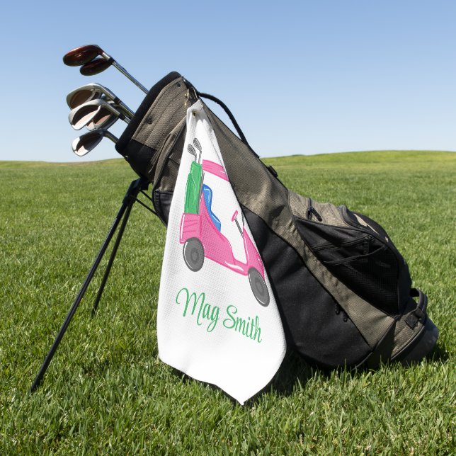 Preppy Pink Golf Cart Personalized Towel (Green)
