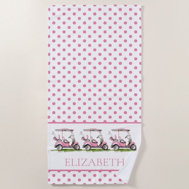 Preppy Pink Golf Carts on Polka Dots Personalized Beach Towel (Front)