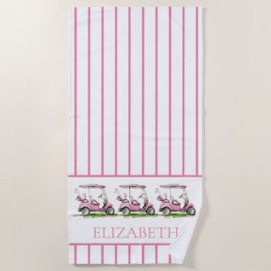 Preppy Pink Golf Carts Personalized Beach Towel