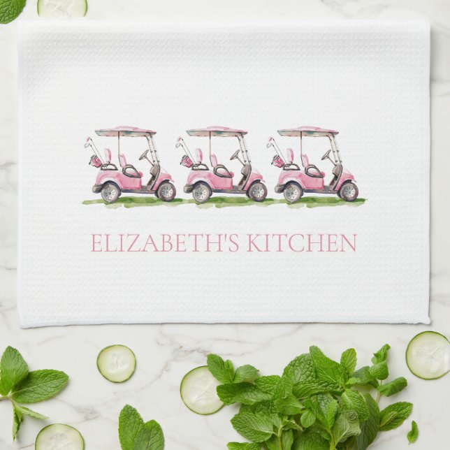 Preppy Pink Golf Carts Personalized Kitchen Towel (Folded)