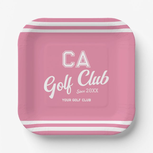 Preppy Pink Golf Club Custom Crest Party Paper Plates (Front)