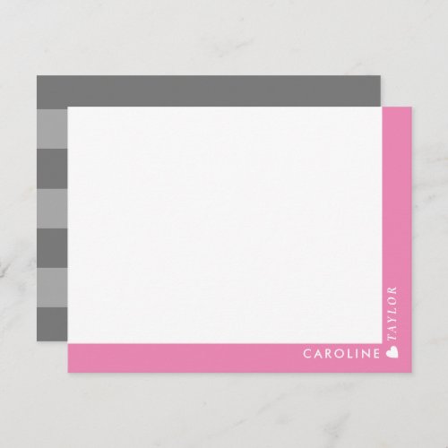 Preppy Pink  Gray Stripes Cute Girly Personalized Note Card
